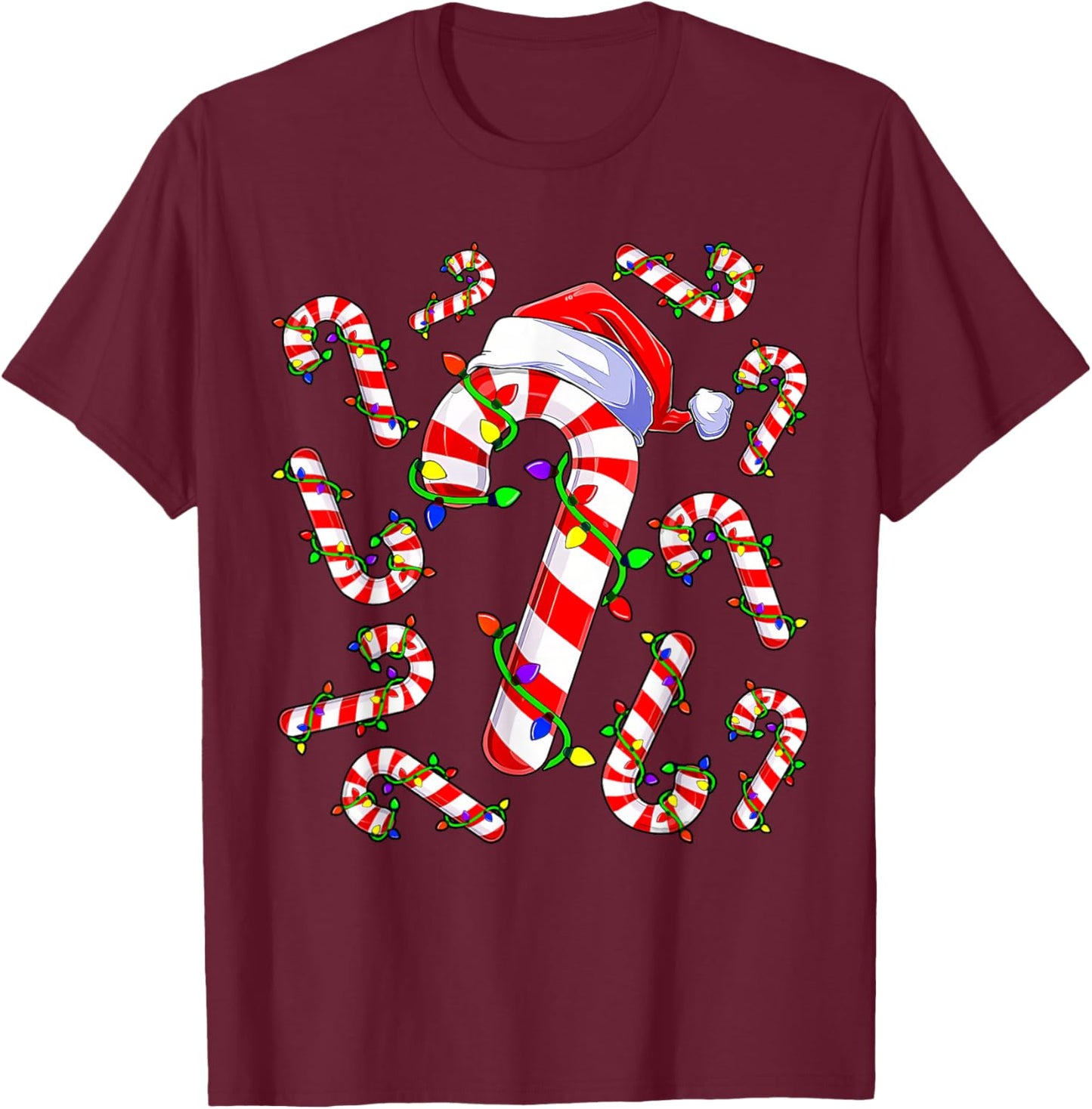 Red and White Christmas Candy Cane Santa Lights Christmas T-Shirt - T-Shirt | Maroon