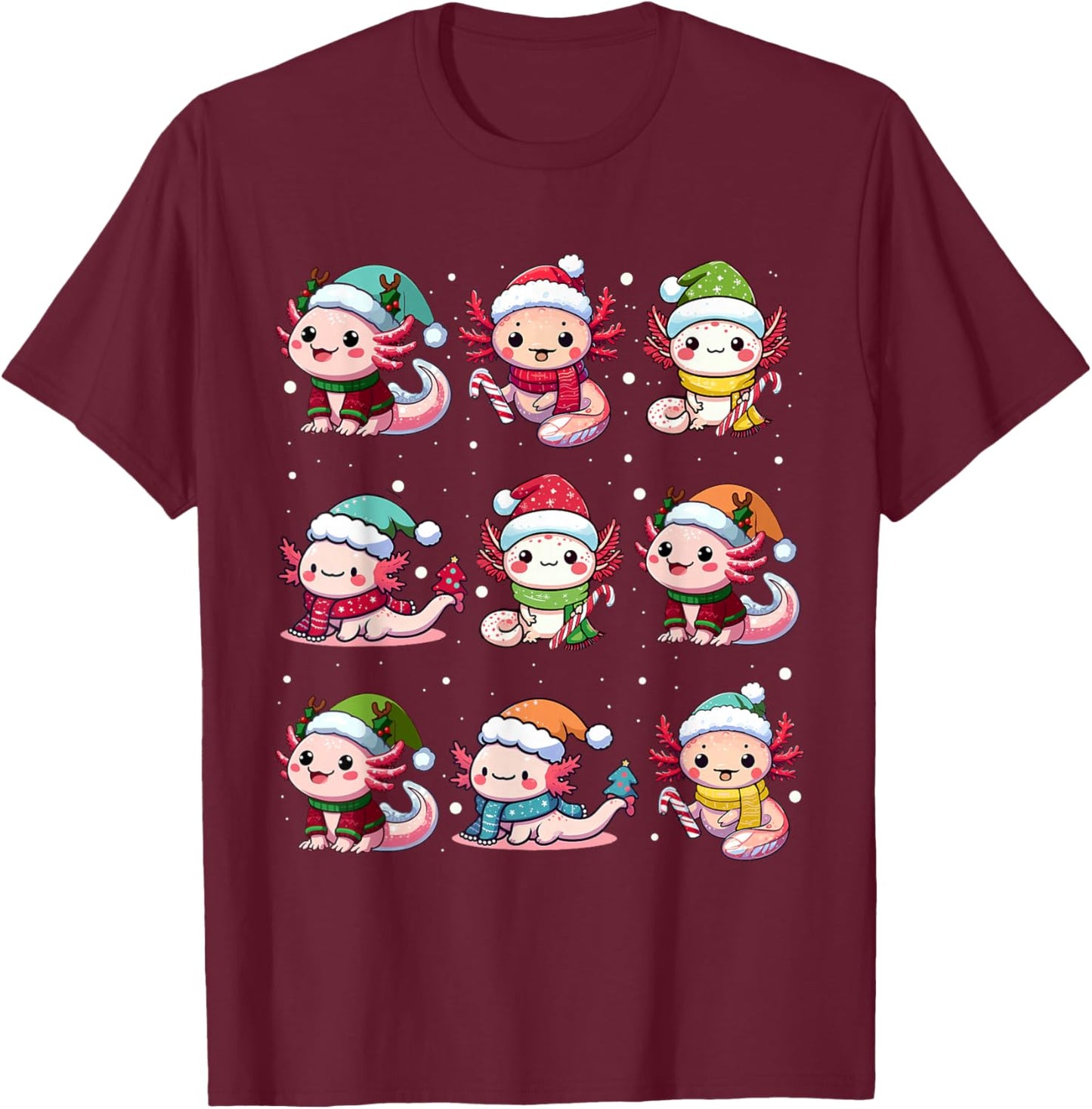 Cute Axolotl Santa Hat Xmas Lights Japanese Christmas Anime T-Shirt - T-Shirt | Maroon
