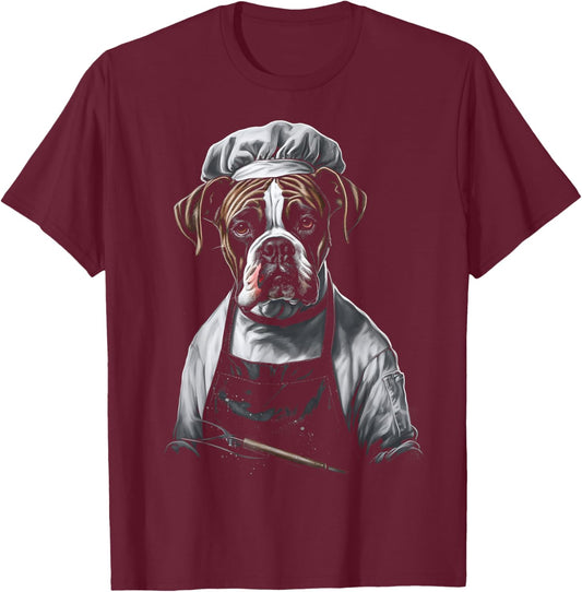 Boxer Chef Dog Dad Cooking Boxer Dog Baker Baking Cooker Men Women Kids T-Shirt - T-Shirt | Maroon