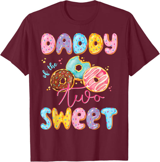 Daddy Of The Two Sweet Donut Matching 2Nd Birthday Girl T-Shirt - T-Shirt | Maroon