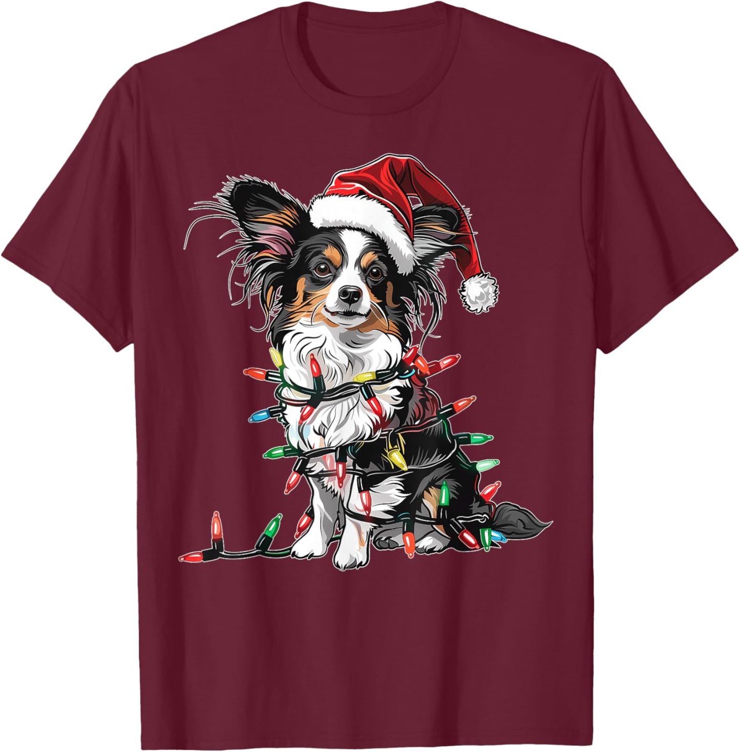 Cute Papillon Dog Christmas Hat Xmas T-Shirt - T-Shirt | Maroon