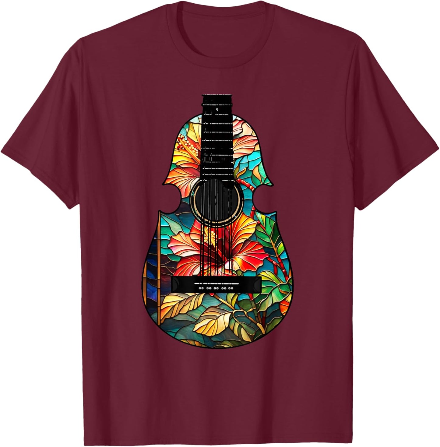 Puerto Rican Cuatro with Colorful Maga Flower T-Shirt - T-Shirt | Maroon