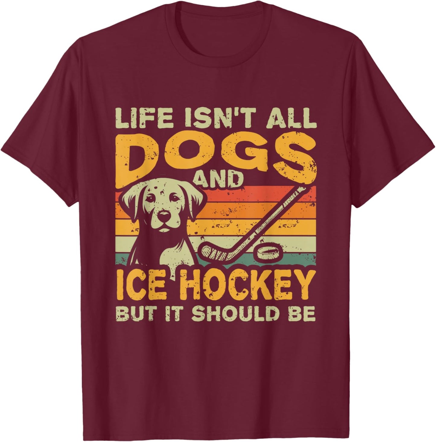 Adult Retro Themed Dog And Hockey Black Small T-Shirt - T-Shirt | Maroon