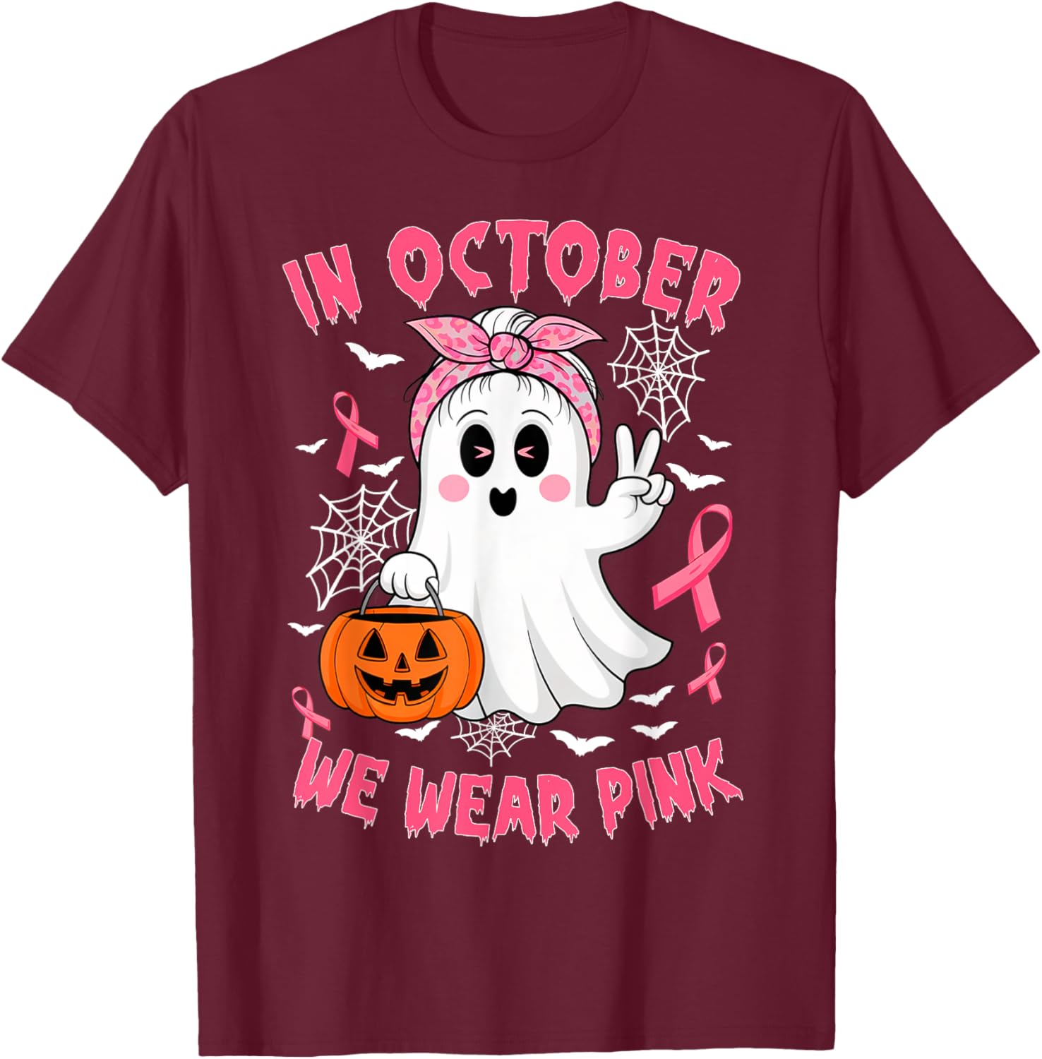 Breast Cancer Awareness In October We Wear Pink Cute Ghost T-Shirt - T-Shirt | Maroon