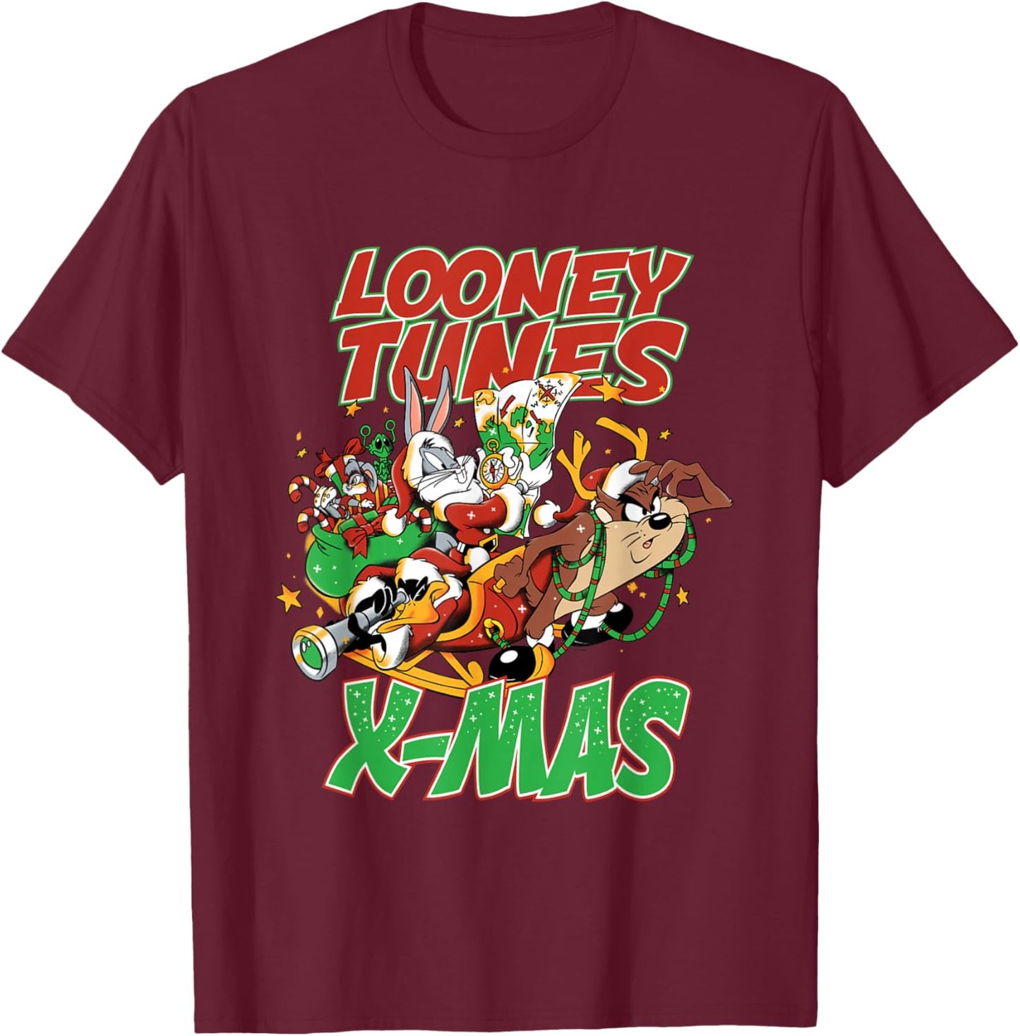 Christmas Looney Tunes Tax Reindeer Sleigh Bugs Daffy T-Shirt - T-Shirt | Maroon