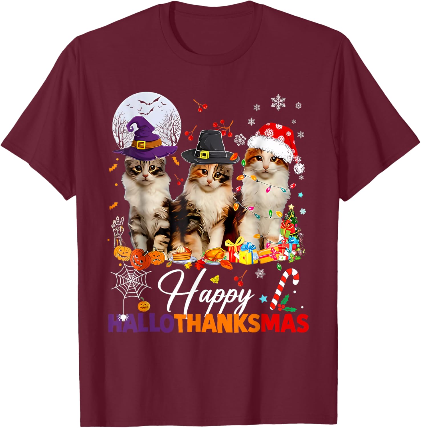 Happy Hallothanksmas Cute Cats Halloween Thanksgiving Xmas T-Shirt - T-Shirt | Maroon