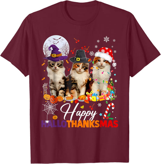Happy Hallothanksmas Cute Cats Halloween Thanksgiving Xmas T-Shirt - T-Shirt | Maroon