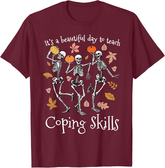 Skeleton Dancing School Counselor Fall Pumpkin Coping Skills T-Shirt - T-Shirt | Maroon