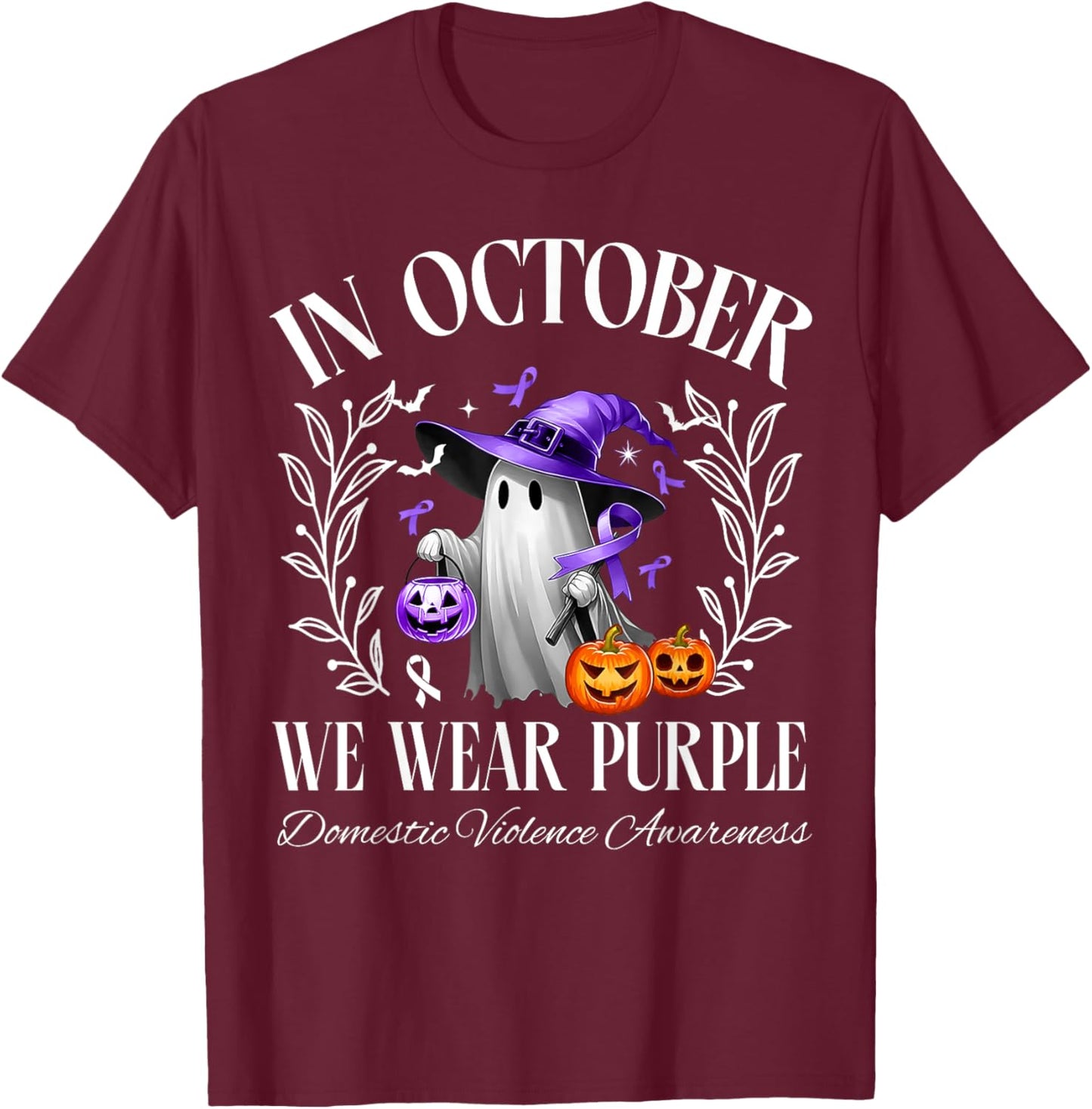 In October We Wear Purple Domestic Violence Ghost Halloween T-Shirt - T-Shirt | Maroon
