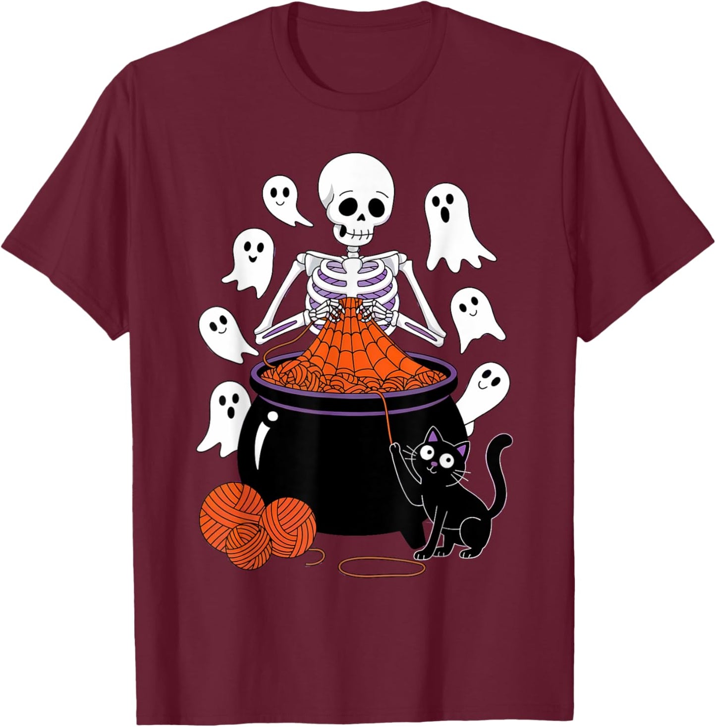 Crochet Halloween Skeleton Knitting Pumpkin Ghost Crocheter T-Shirt - T-Shirt | Maroon