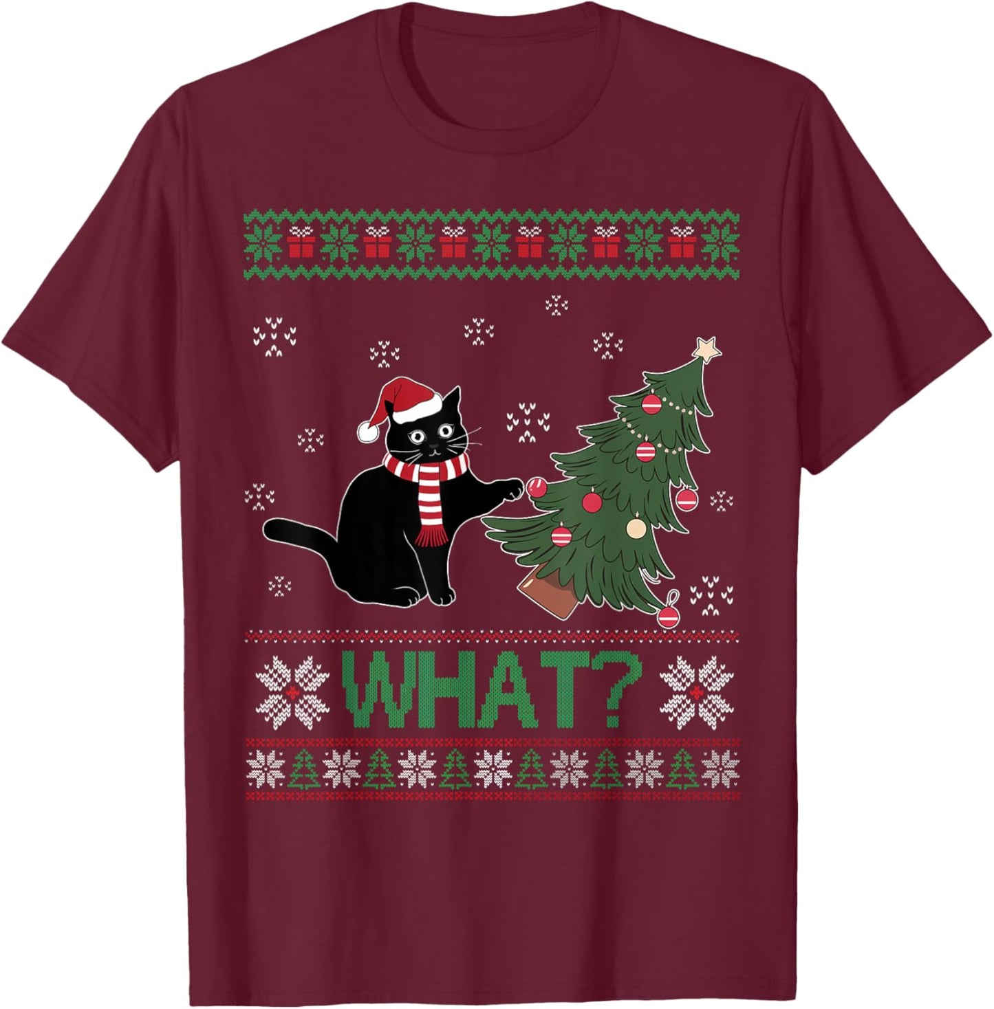 Black Cat What Pushing Christmas Tree Funny Cat Xmas Gifts Men Women Kids T-Shirt - T-Shirt | Maroon