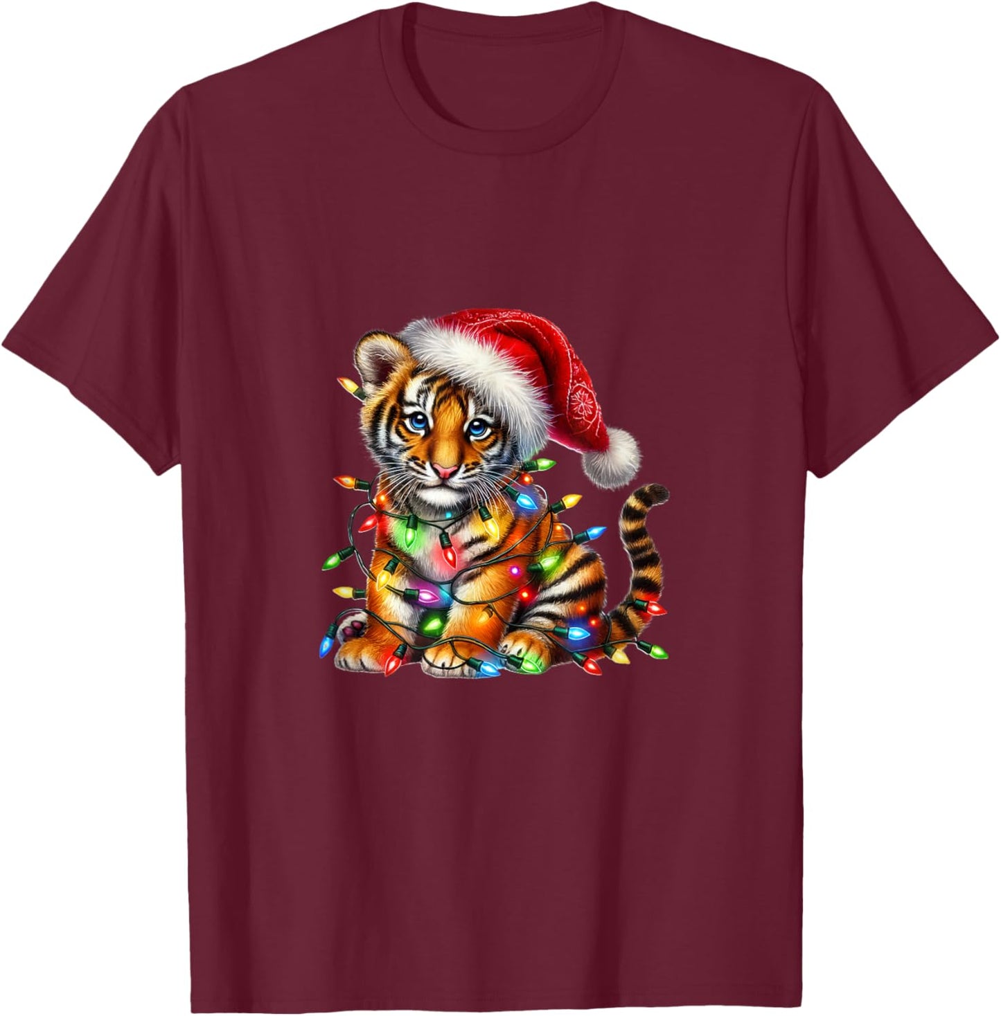 Cute Tiger Christmas Lights Festive Holiday T-Shirt - T-Shirt | Maroon