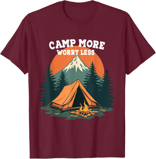 Camp More Worry Less Camping-themed Retro Design T-Shirt - T-Shirt | Maroon