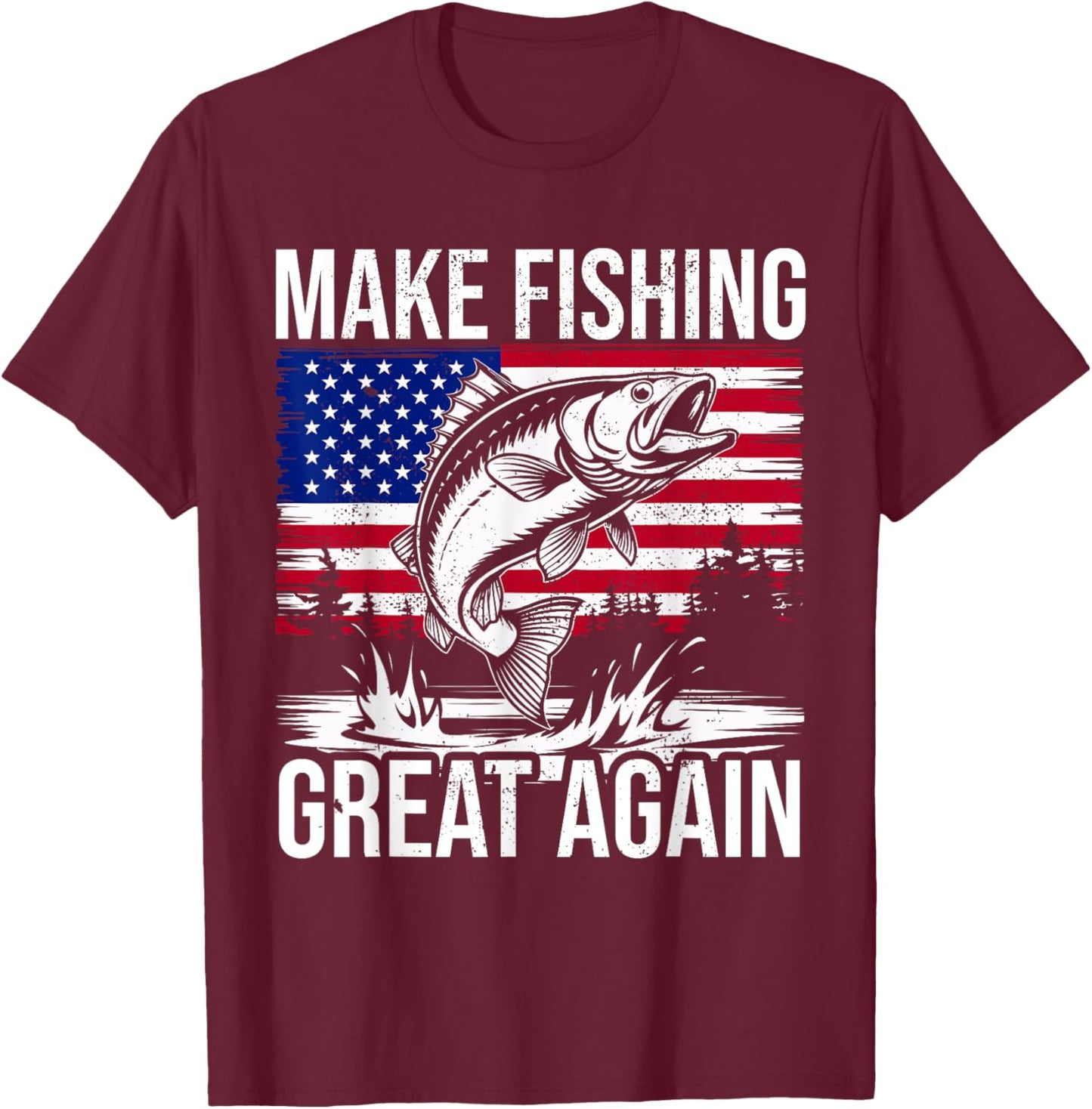 Funny Fishing & Trump Fisherman Gifts American Flag Red Wave T-Shirt - T-Shirt | Maroon
