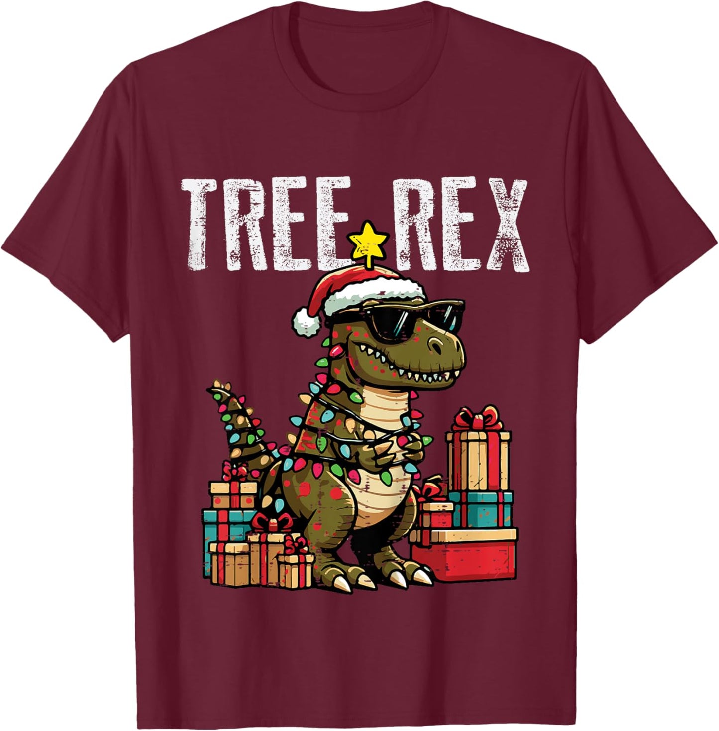 Kids Christmas Dinosaur Tree Rex Xmas Trex Toddler Boys Kid Youth T-Shirt - T-Shirt | Maroon