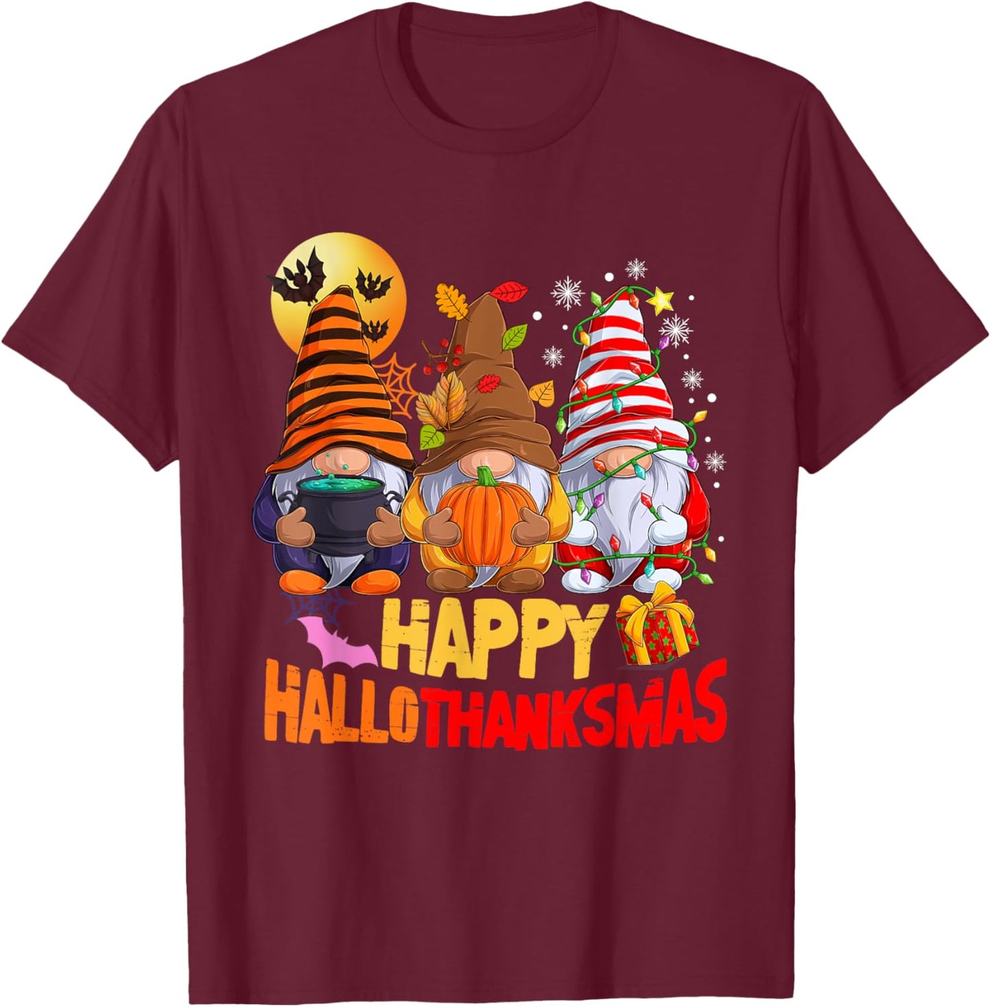 Happy Hallothanksmas Gnomes Lover Halloween Merry Christmas T-Shirt - T-Shirt | Maroon