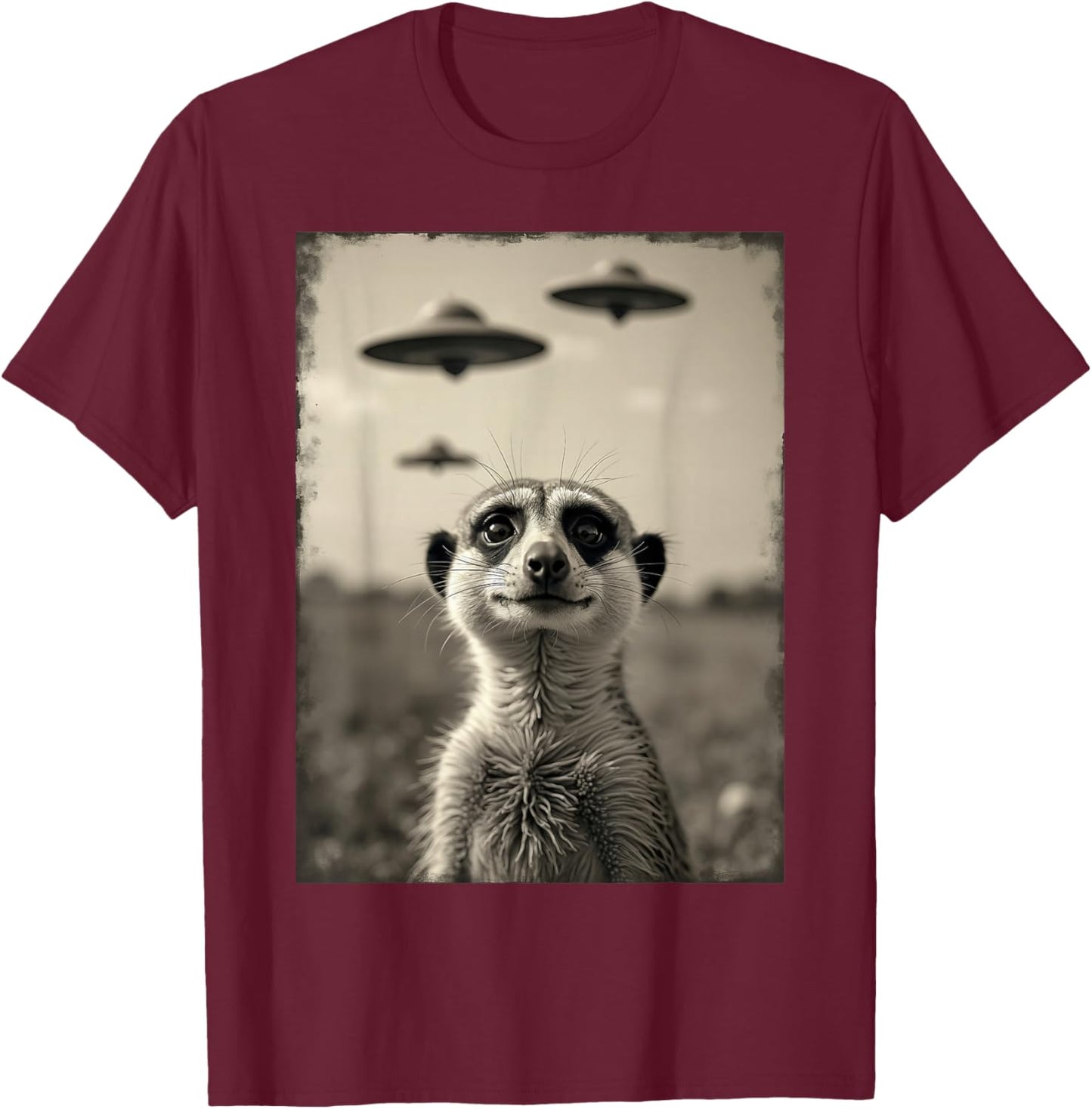 Funny meerkat Selfie with UFOs Weird Alien T-Shirt - T-Shirt | Maroon