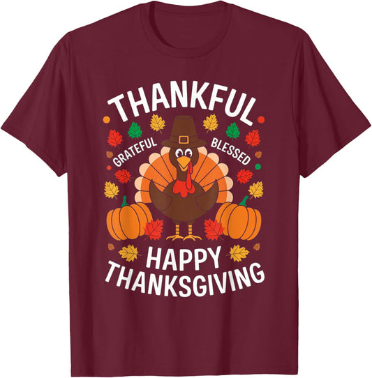 Thankful Grateful Blessed Turkey Happy Thanksgiving Women T-Shirt - T-Shirt | Maroon