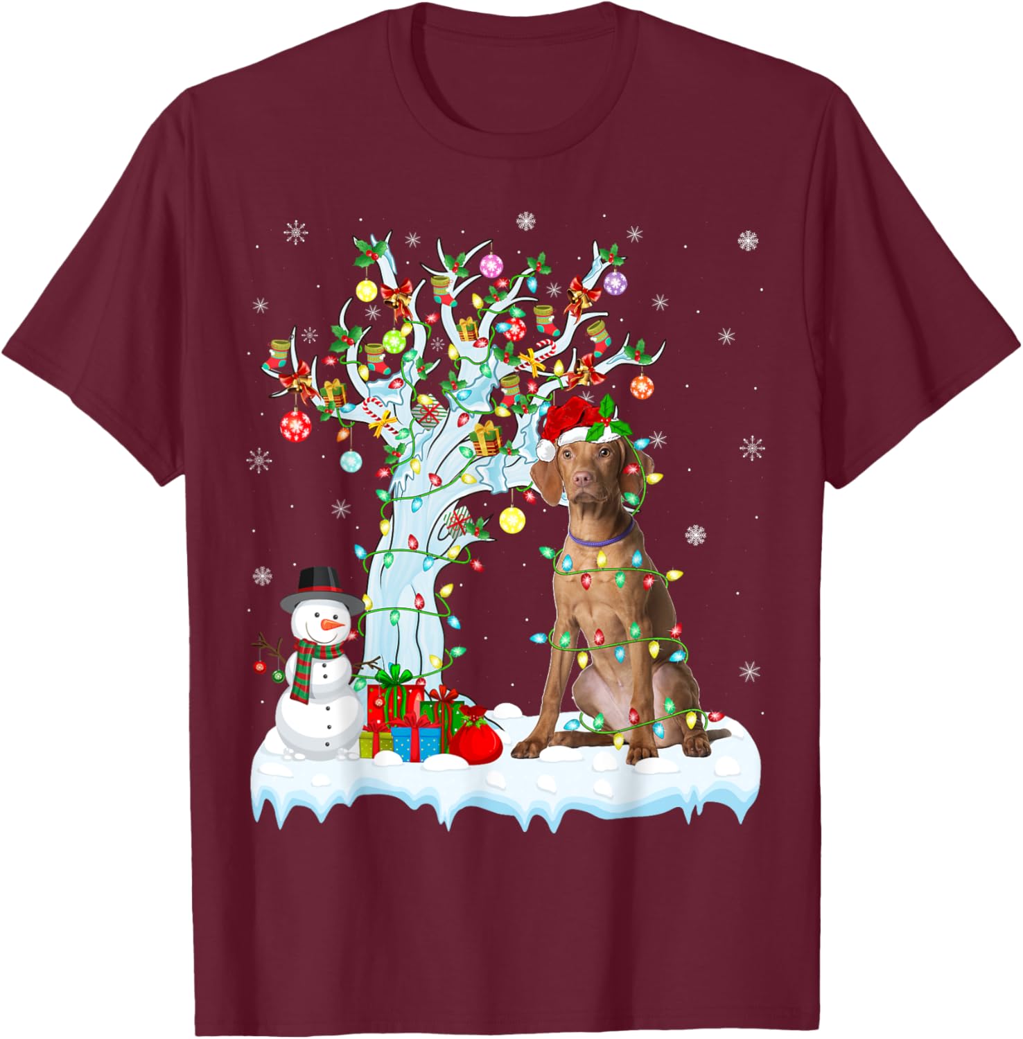 Vizsla Dog Xmas Lighting Tree Santa Hat Vizsla Christmas Men Women Kids T-Shirt - T-Shirt | Maroon