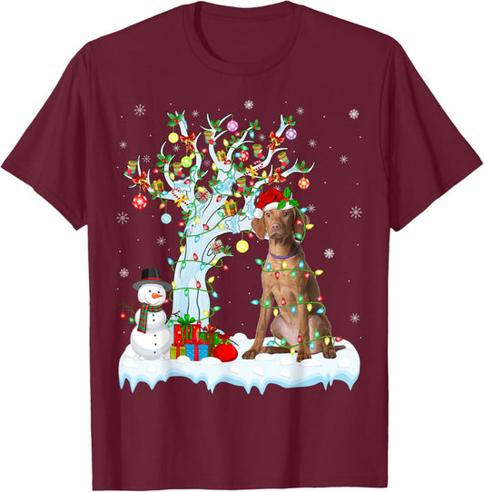 Vizsla Dog Xmas Lighting Tree Santa Hat Vizsla Christmas Men Women Kids T-Shirt - T-Shirt | Maroon