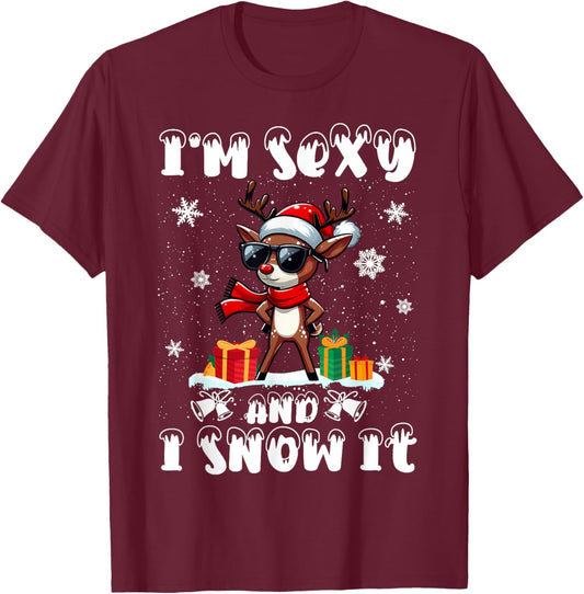Im Sexy And I Snow It Funny Cool Reindeer Santa Hat Christma T-Shirt - T-Shirt | Maroon