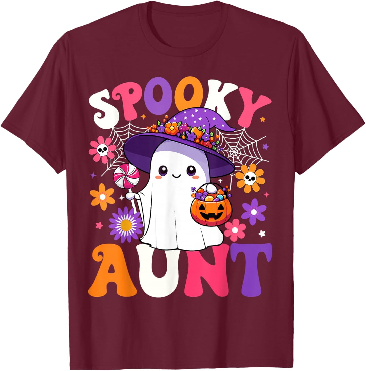 Groovy Spooky Aunt Halloween Ghost Pumpkin Halloween Auntie T-Shirt - T-Shirt | Maroon