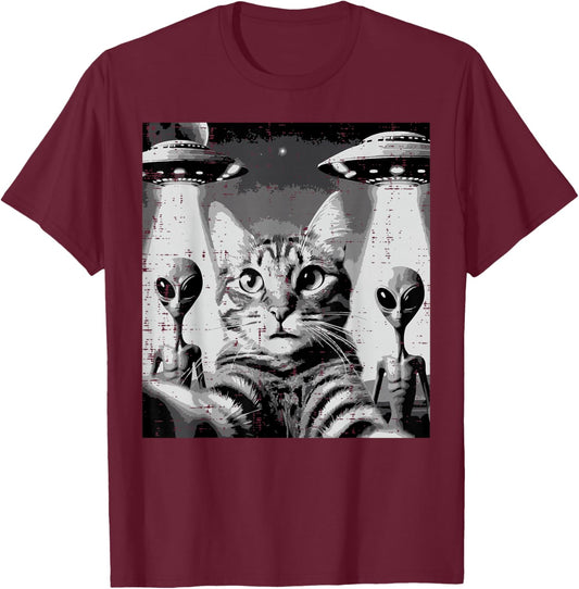 Cat Selfie With Aliens UFO Funny Encounter Men Women Kids T-Shirt - T-Shirt | Maroon