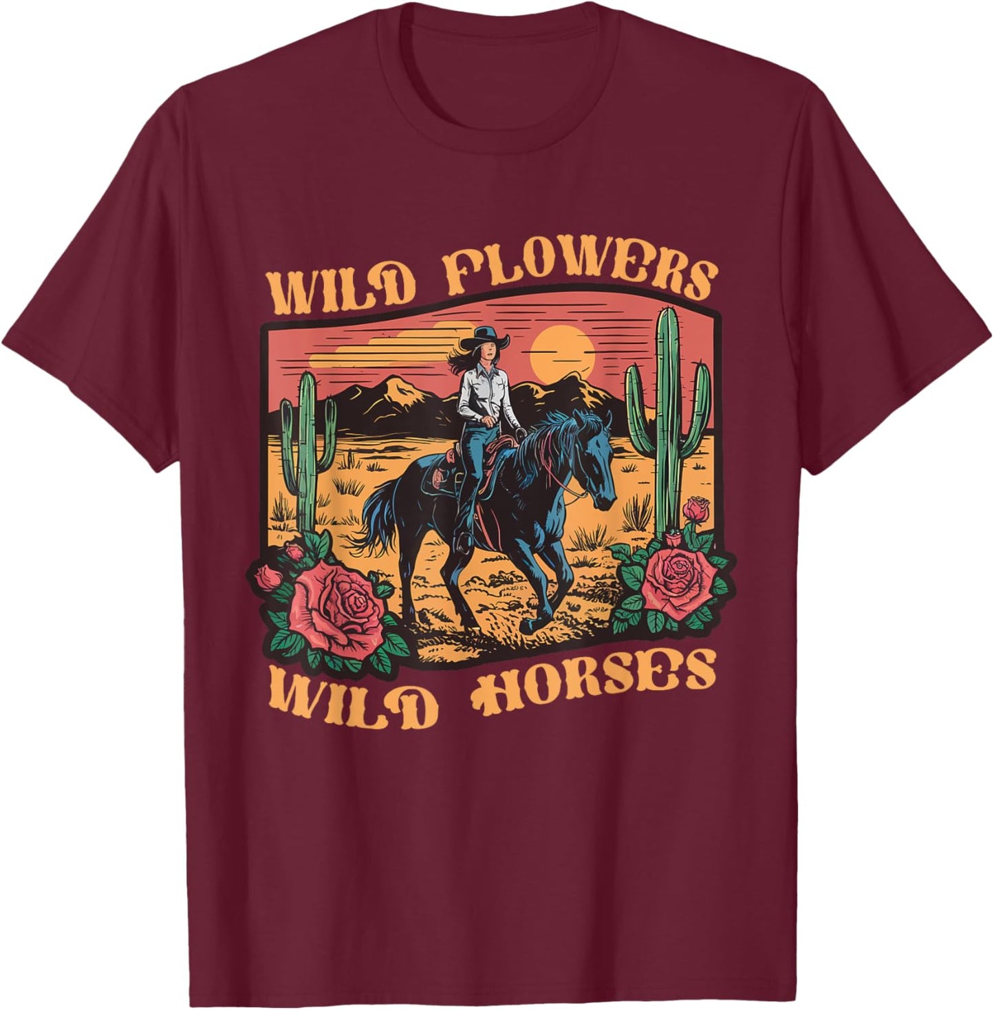 Vintage Sunset Cowgirl Riding Horse Wildflowers Women Girls T-Shirt - T-Shirt | Maroon