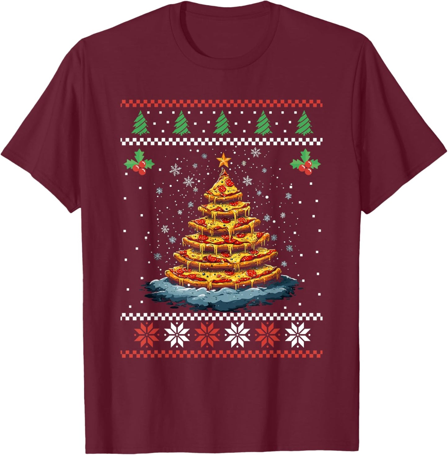 Pizza Christmas Tree Ugly Christmas Sweater Xmas Fast Food T-Shirt - T-Shirt | Maroon