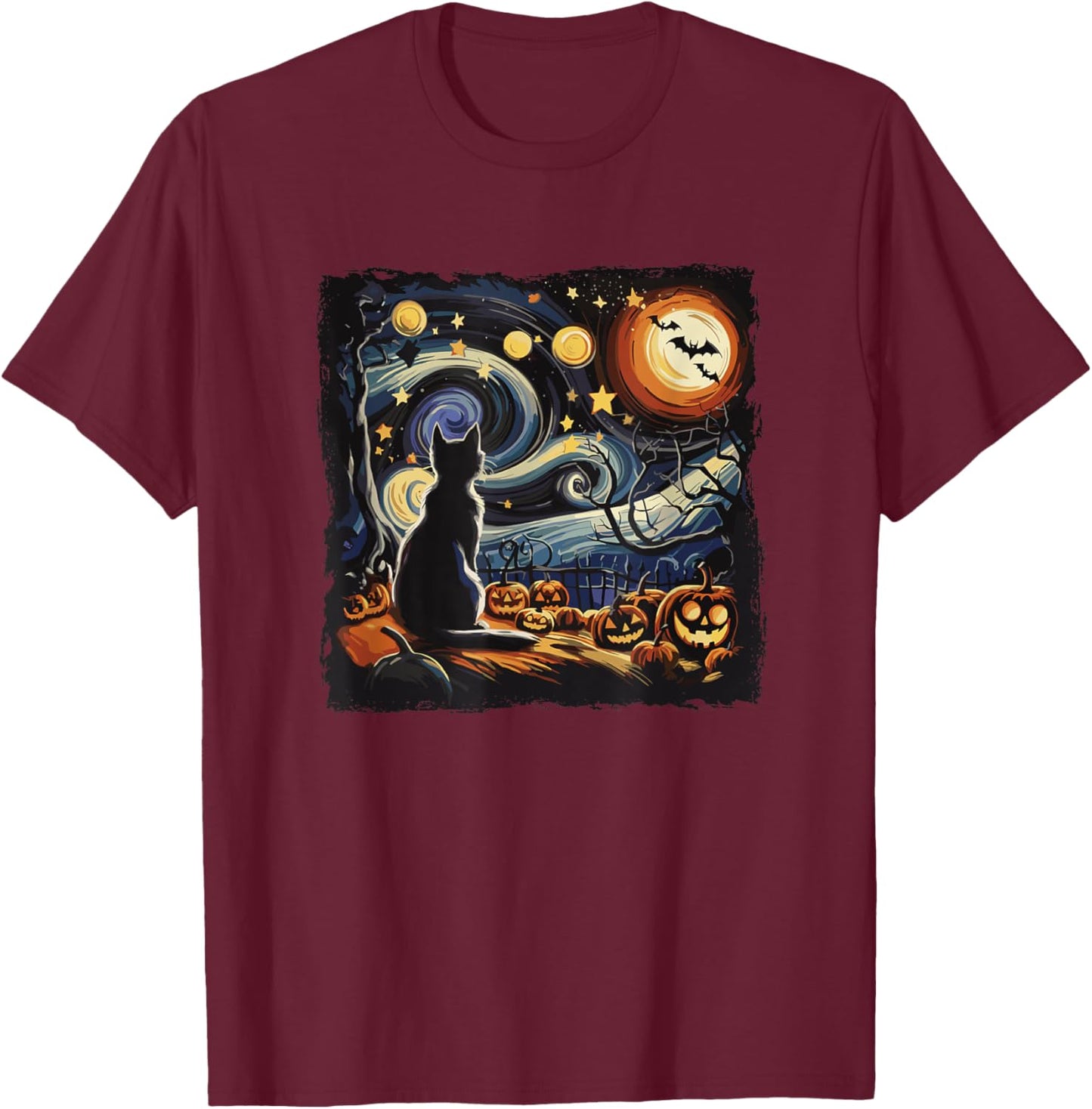 Halloween Van Gogh Starry Night Black Cat Pumpkins And Bats T-Shirt - T-Shirt | Maroon