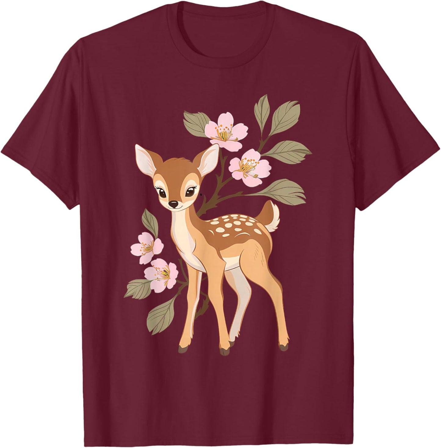 Cute Kawaii Japanese Graphic Deer Sakura Cherry Blossom T-Shirt - T-Shirt | Maroon