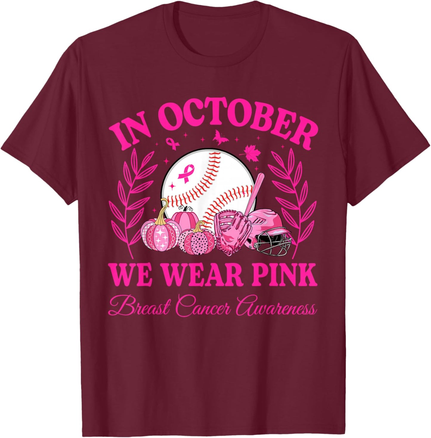 In October We Wear Pink Baseball Breast Cancer Kids Boy Girl T-Shirt - T-Shirt | Maroon