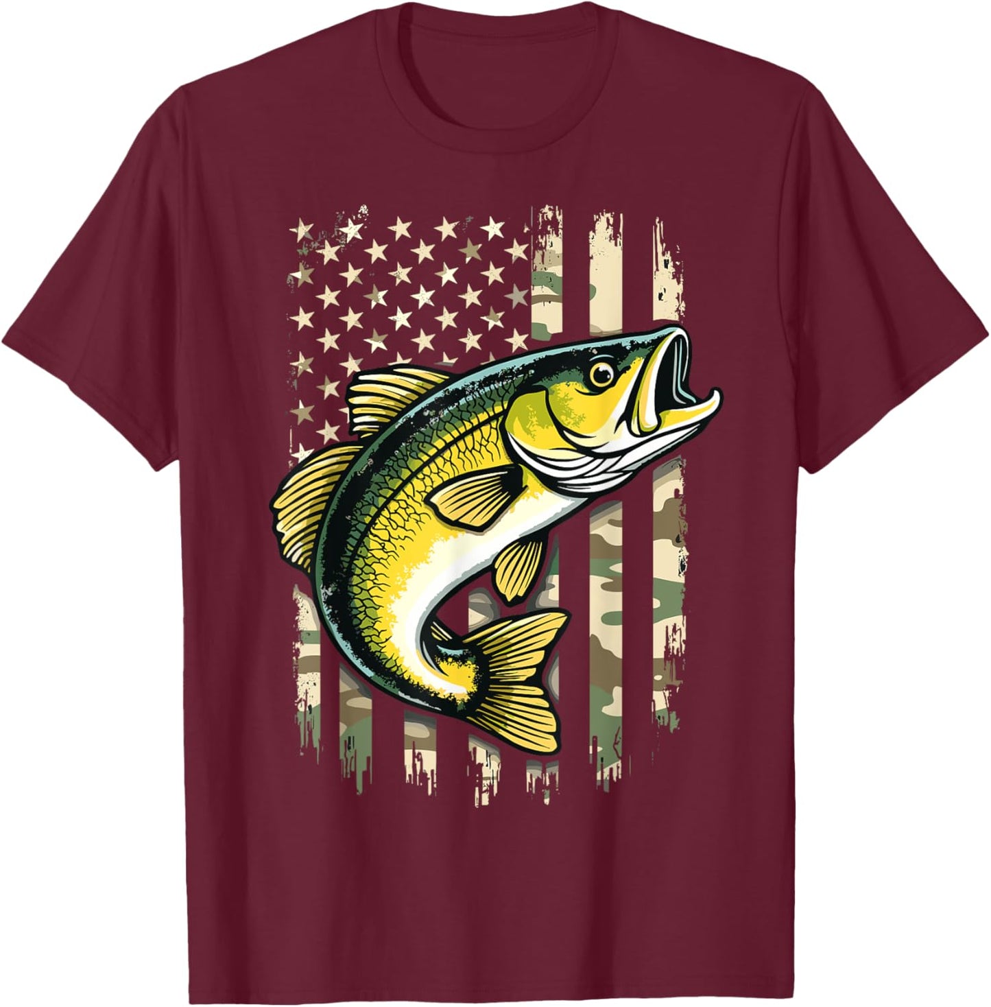 Fish Camo US Flag Cool Fishing Patriotic T-Shirt - T-Shirt | Maroon