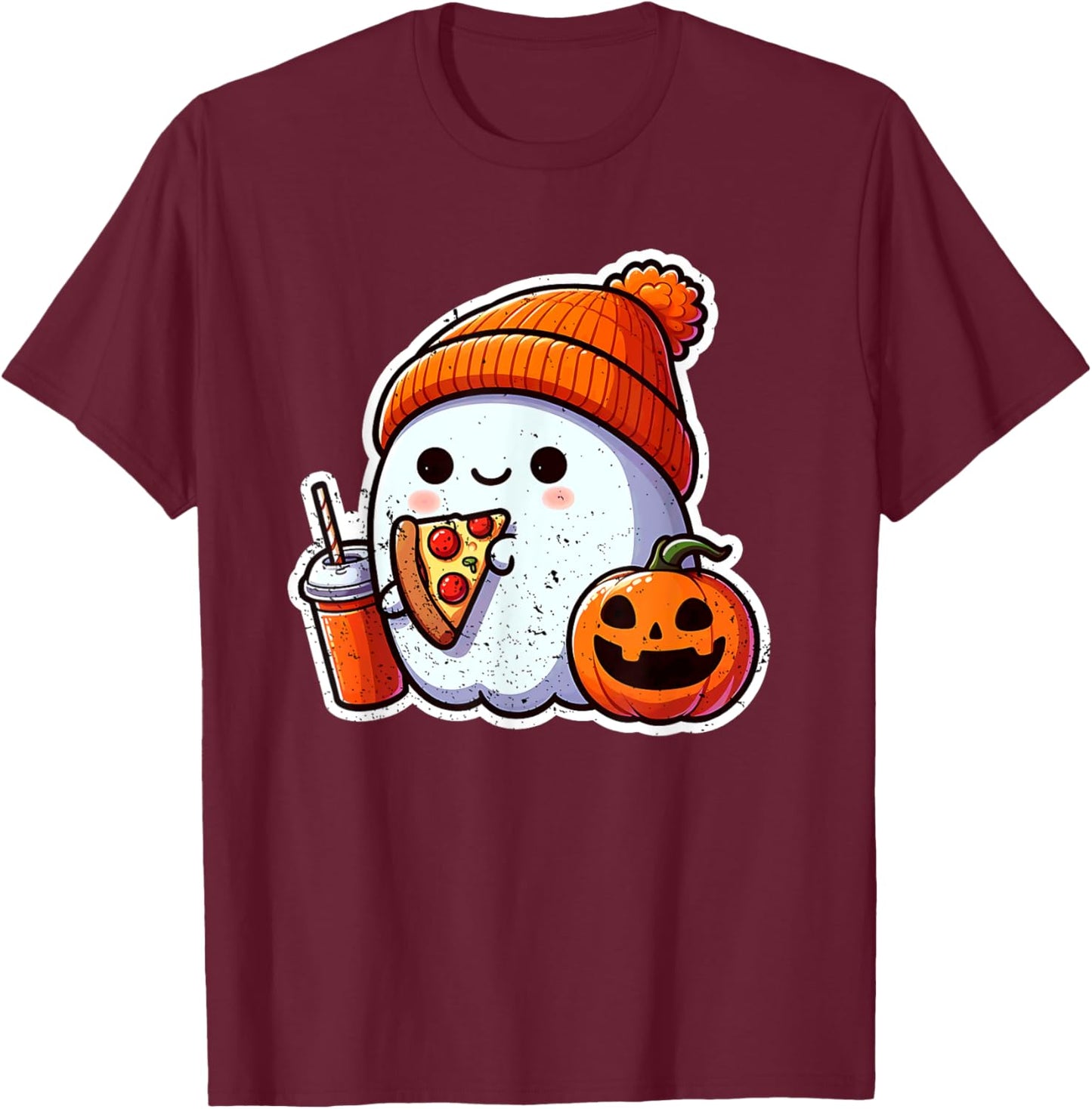 Halloween Ghost Coffee n Pizza Cute Costume Girl Kids Women T-Shirt - T-Shirt | Maroon