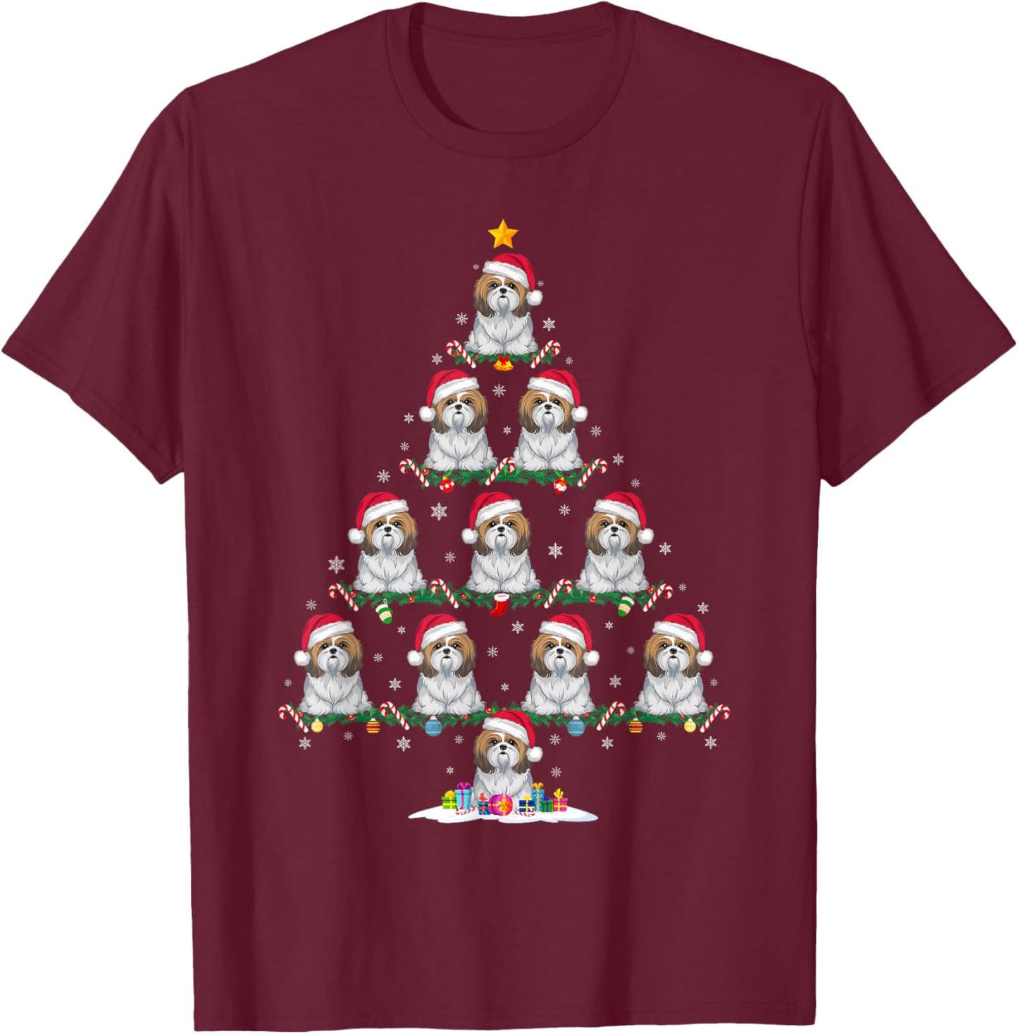 Shih Tzu Dog Christmas Tree Pajama Men Women Kids Ugly Xmas T-Shirt - T-Shirt | Maroon