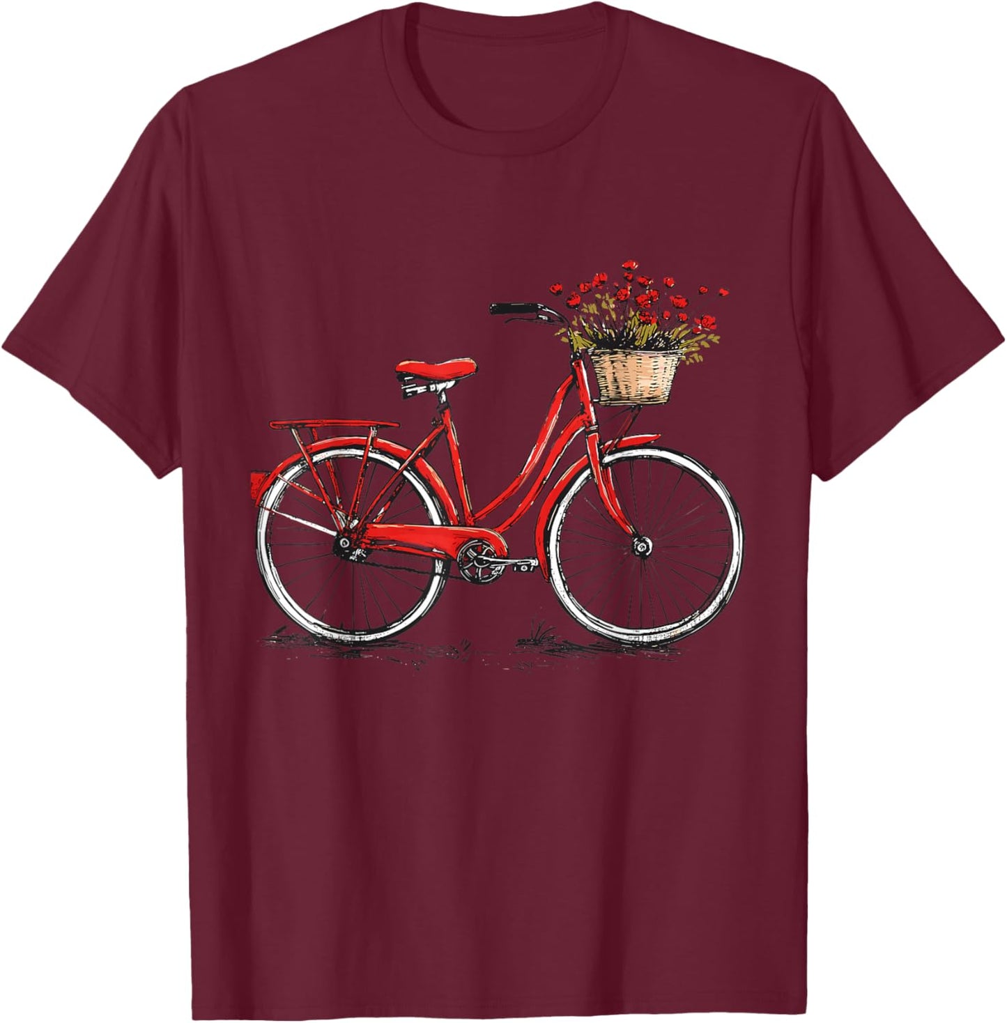 Bicycle with Basket of Flowers, Cyclist T-Shirt - T-Shirt | Maroon