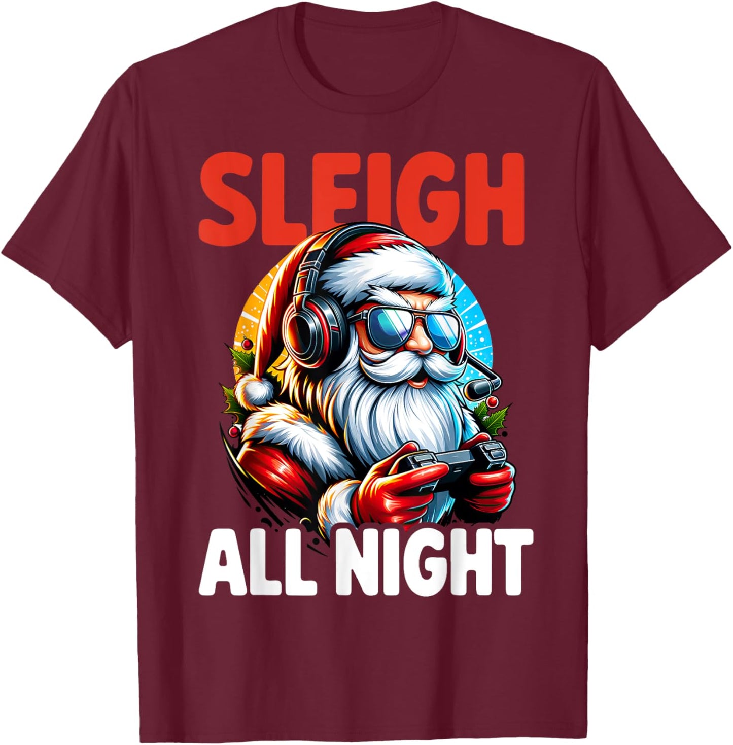 Christmas Gamer Boys Sleigh All Night Video Game Santa Xmas T-Shirt - T-Shirt | Maroon