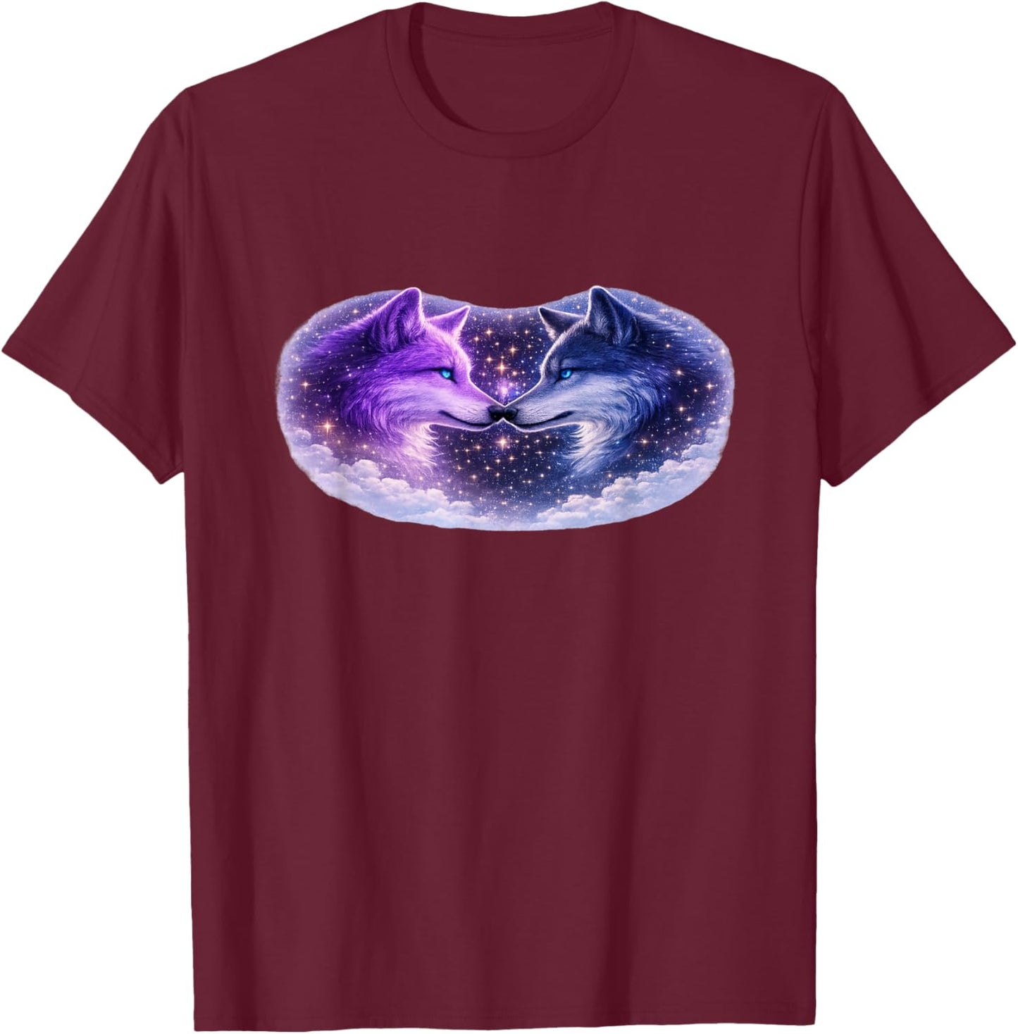 Celestial Purple Blue Wolves Cosmic Spirit Wolf Art T-Shirt - T-Shirt | Maroon