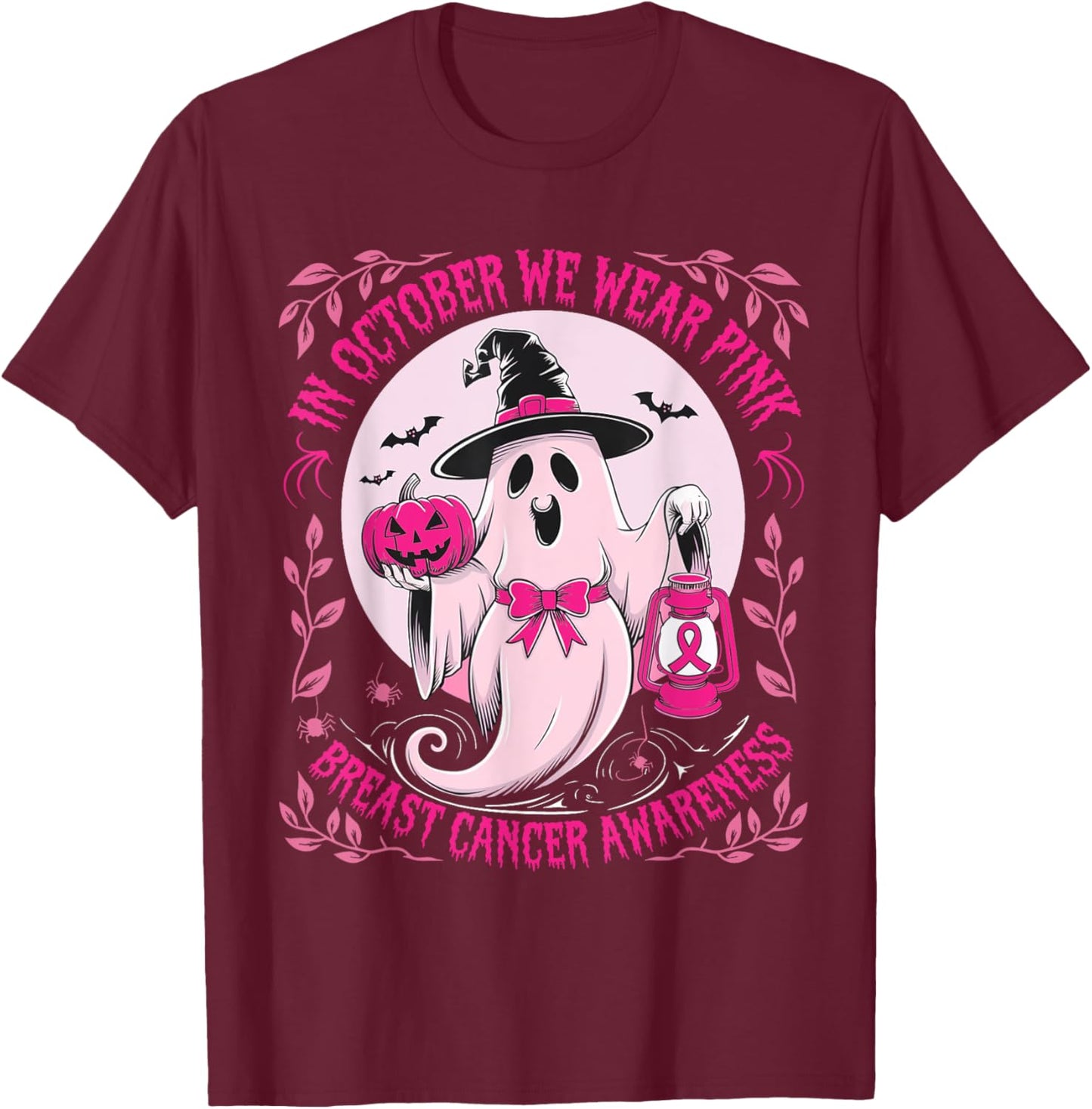 October We Wear Pink Ghost Halloween Pumpkins Breast Cancer T-Shirt - T-Shirt | Maroon