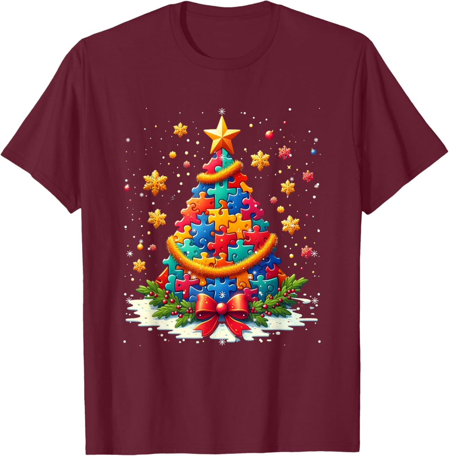 Autism Christmas Tree Lights Xmas Cute Xmas Autism Awareness T-Shirt - T-Shirt | Maroon