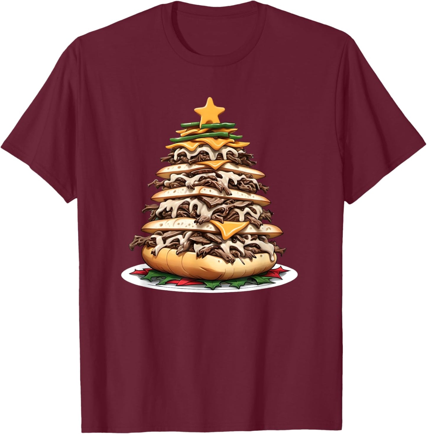 Philly Cheesesteak Christmas Tree T-Shirt - T-Shirt | Maroon