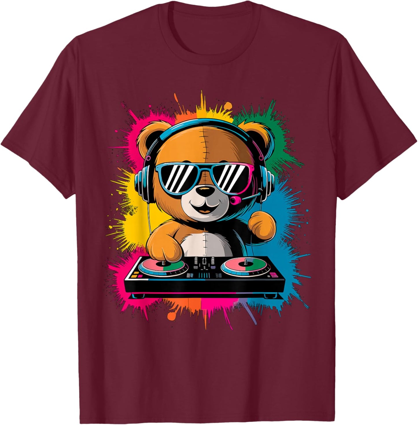 Magical and Funny DJ Gifts Colorful DJ Teddy Bear , Children's , Black, Small, Short Sleeve, Cotton Blend, Cartoon, Classic Fit, Imported T-Shirt - T-Shirt | Maroon