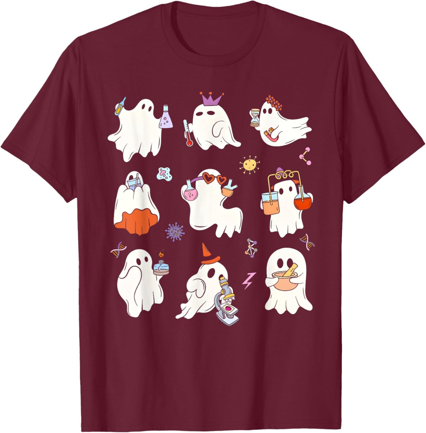 Retro Halloween Science Teacher Ghost Laboratory Teacher T-Shirt - T-Shirt | Maroon
