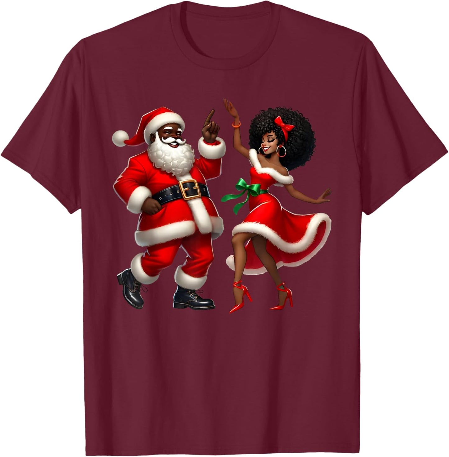Santa Claus Couple Dancing African American Christmas T-Shirt - T-Shirt | Maroon