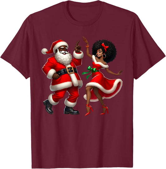 Santa Claus Couple Dancing African American Christmas T-Shirt - T-Shirt | Maroon