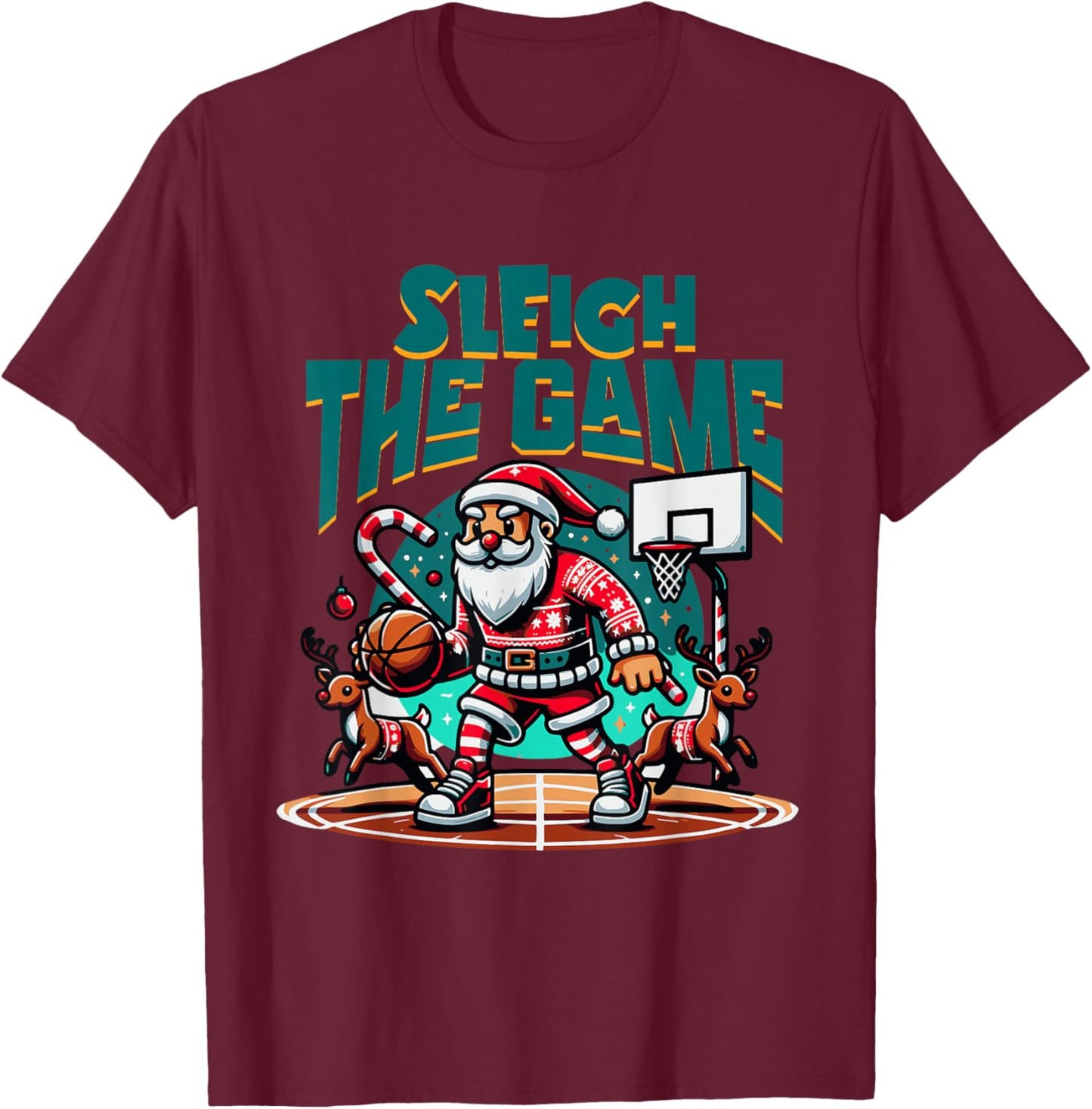 Santa Claus Plays Basketball- Christmas Xmas Boys Kids Teens T-Shirt - T-Shirt | Maroon
