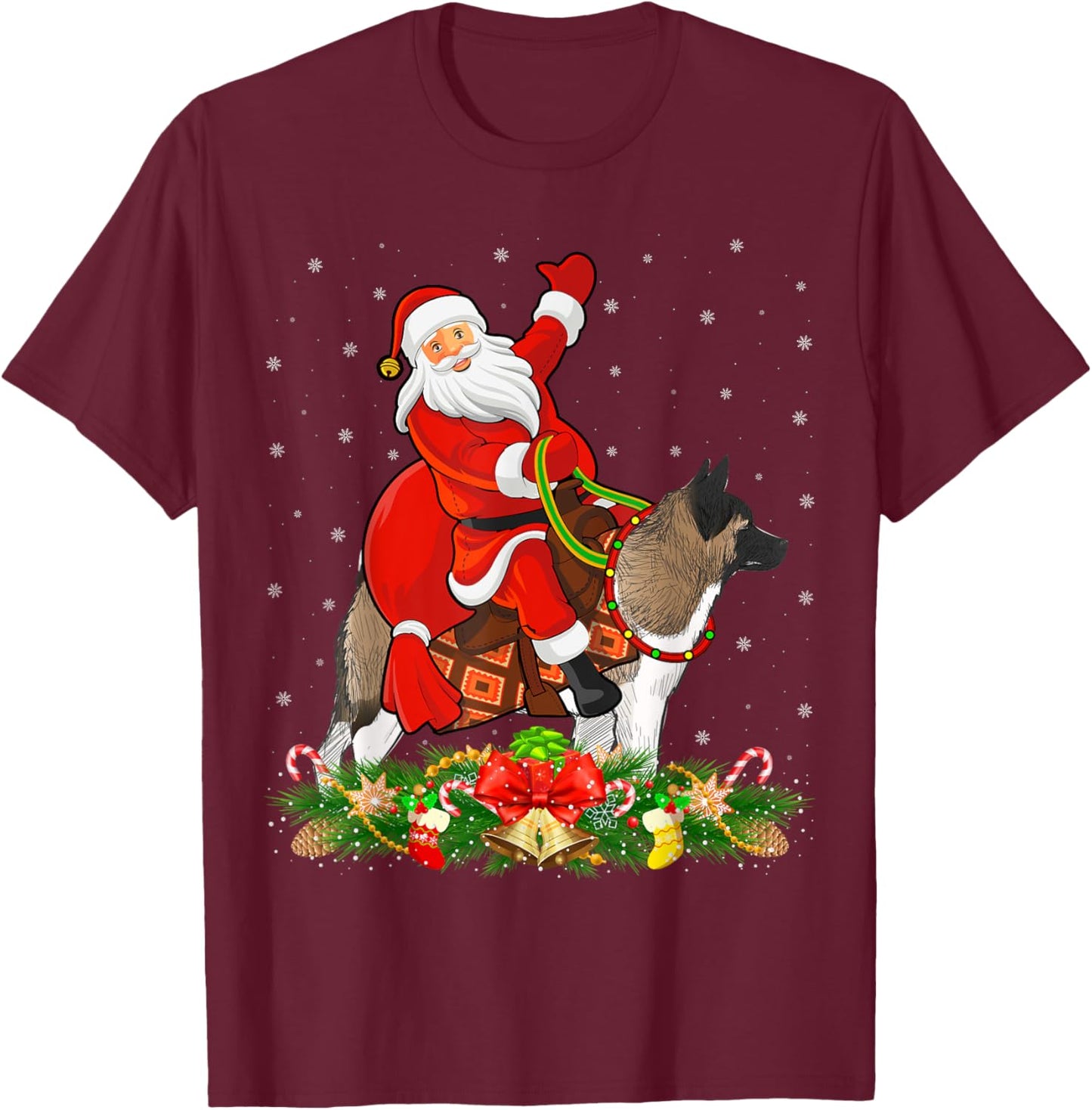 Xmas Decor Funny Santa Riding Akita Dog Christmas T-Shirt - T-Shirt | Maroon
