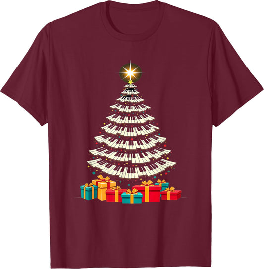 Christmas Tree Piano Keyboard Holiday Music Lover Design T-Shirt - T-Shirt | Maroon