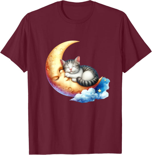 Cute Cat Sleeping on Moon – Adorable Night Sky T-Shirt - T-Shirt | Maroon