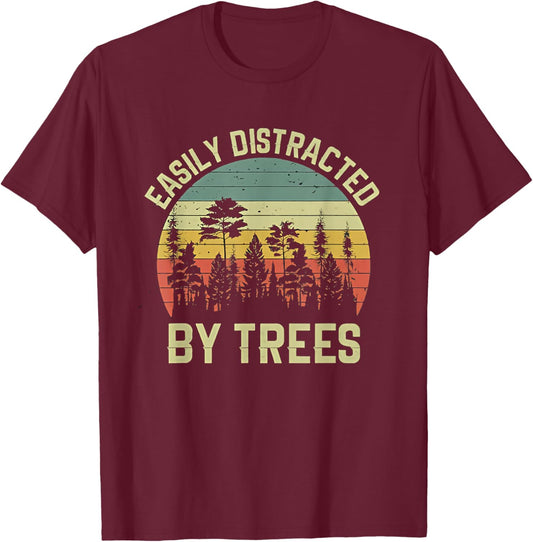 Wekon Easily Distracted By Trees Vintage Funny Tree - - Black - Small - Short Sleeve - - Retro Tree Print T-Shirt - T-Shirt | Maroon